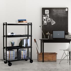 4 Tier Cart, Interchangeable Baskets and Shelves, Caster Wheels, Powder Coated Metal in Black