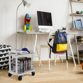 2 Tier Cart, Interchangeable Baskets and Shelves, Caster Wheels, Powder Coated Metal in White