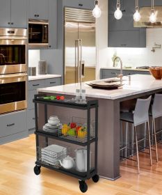 3 Tier Cart, Interchangeable Baskets and Shelves, Caster Wheels, Powder Coated Metal in Black