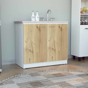 Napoles Utility Sink with Cabinet, One Shelf, Double Door Cabinet -White / Light Oak