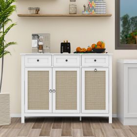 Tilt Out Trash Cabinet, Rattan Kitchen Trash Can Cabinet with 3 Drawers and 2 Doors