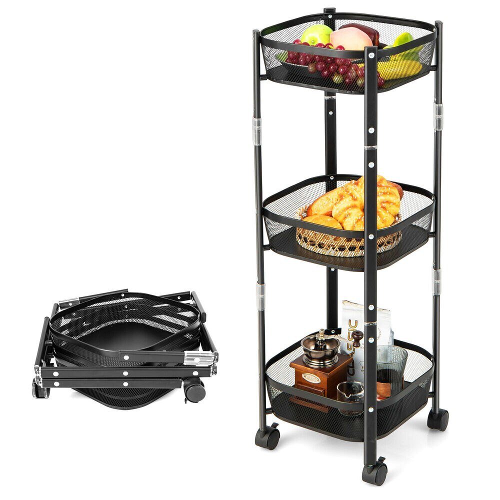 3-Tier Folding Metal Storage Rack Rolling Utility Cart 3-Tier Folding Metal Storage Rack Rolling Utility Cart